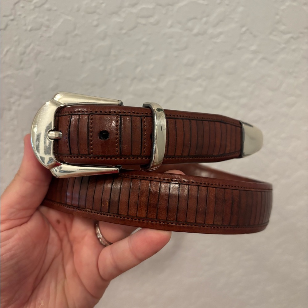 Mezlan Leather Belt Mens Size 40 Brown Striped Dress Classic Buckle Spain 1.25In